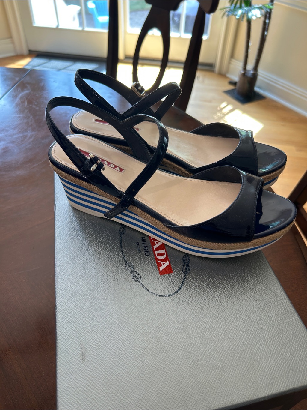 Prada Women's Navy Blue Patent Leather Wedge Sandals Size 38